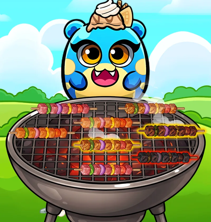 Blue PALZ grilling skewers on a BBQ in the game