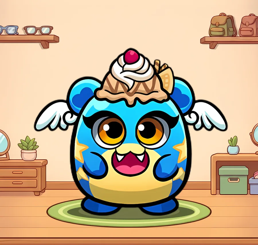 Blue PALZ wearing a sundae hat and angel wings in the in-game dressing room